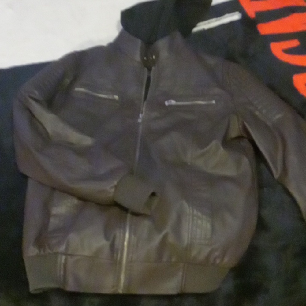 Mens brown moto jacket with black sweater hoodie fleece inner lining